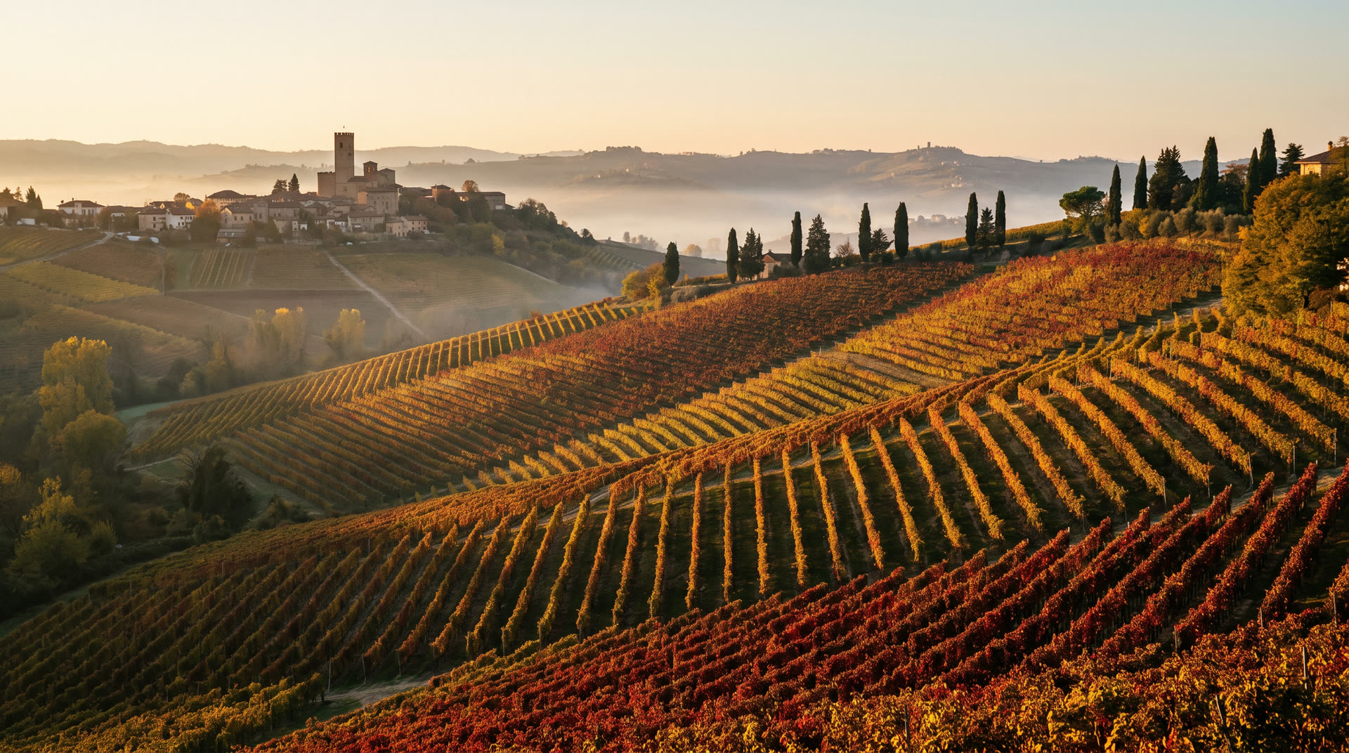 Autumn vineyards on the hills of the Langhe near Barbaresco, Piedmont, with a hilltop village in the distance