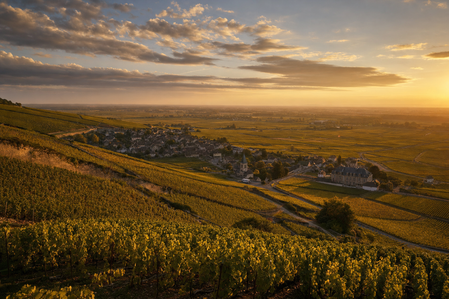 Golden vineyards of the Côte de Beaune at harvest, Burgundy