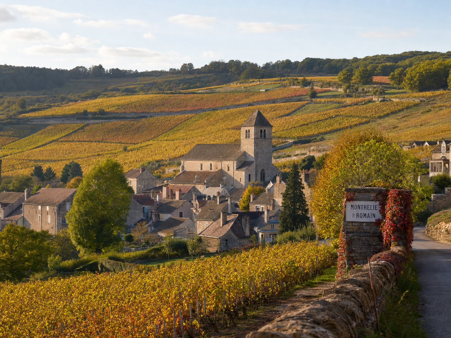 Monthélie village vineyards overlooking the valley