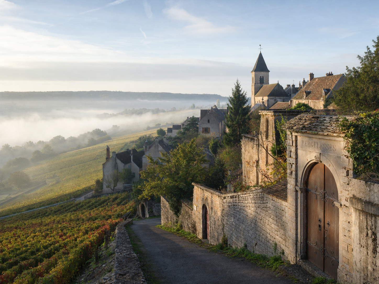 Pernand-Vergelesses village vineyards in the cool side valley