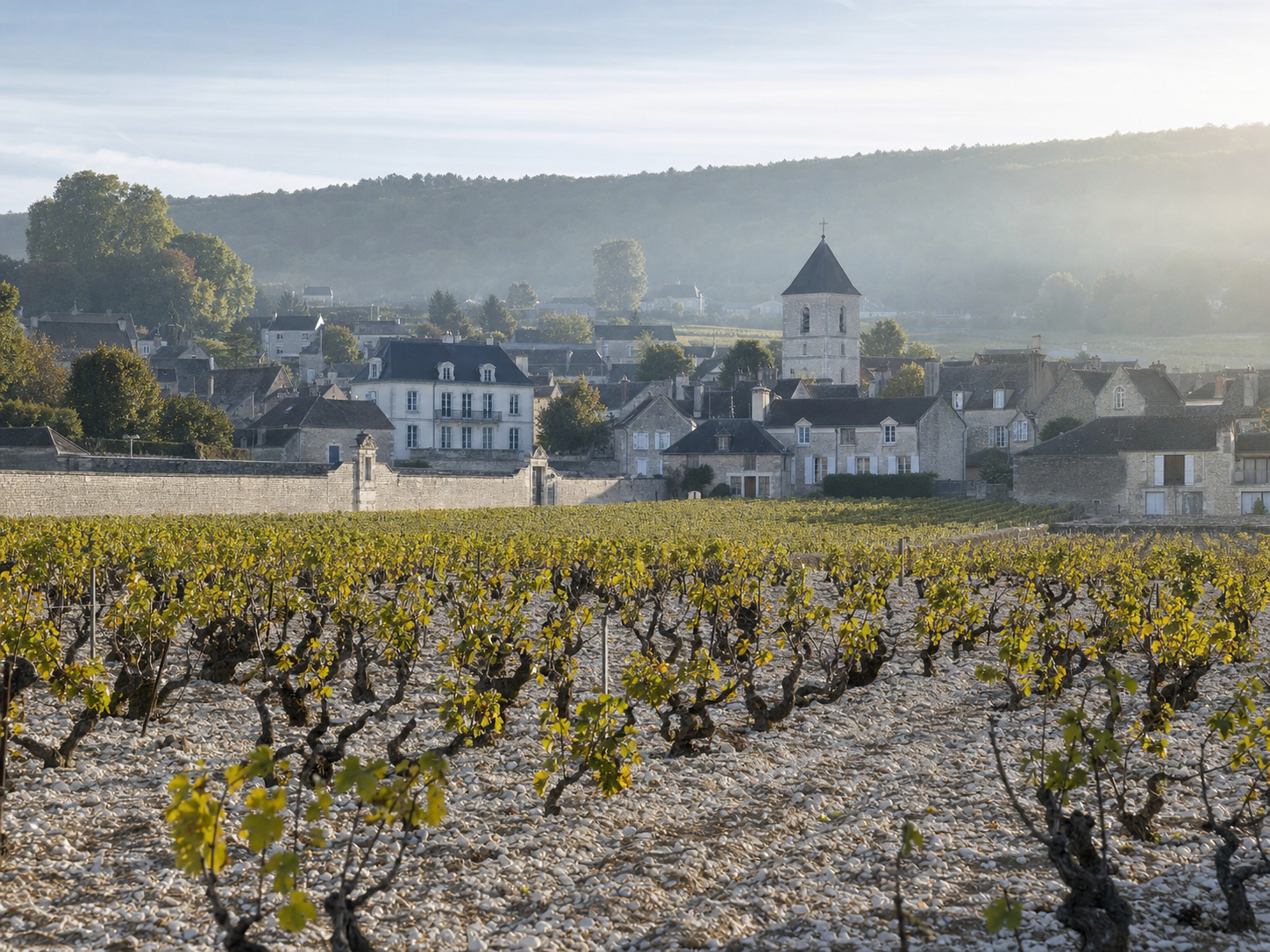 Le Montrachet Grand Cru vineyard straddling Puligny and Chassagne