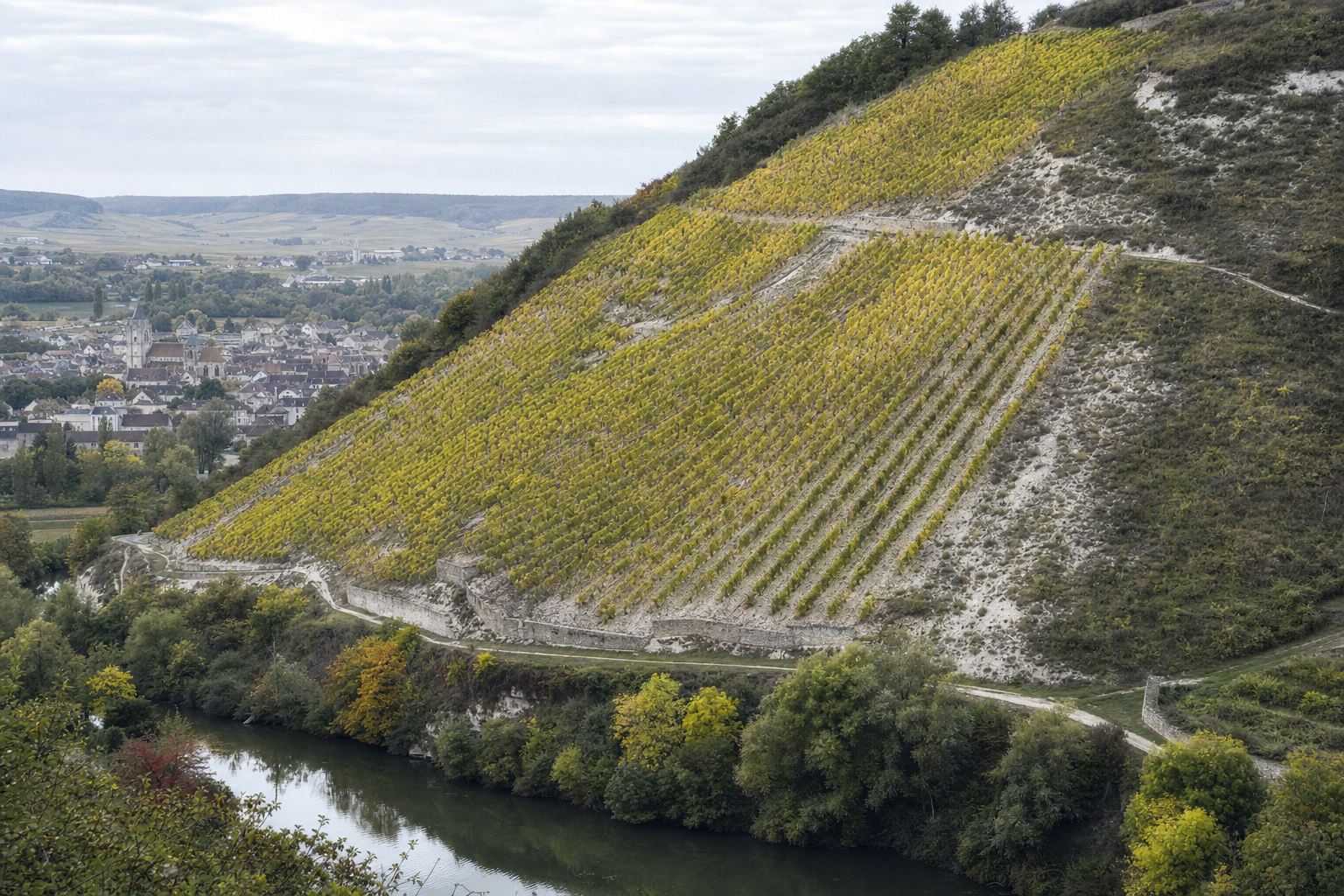 The Grand Cru hillside above the village of Chablis, seen from across the Serein valley