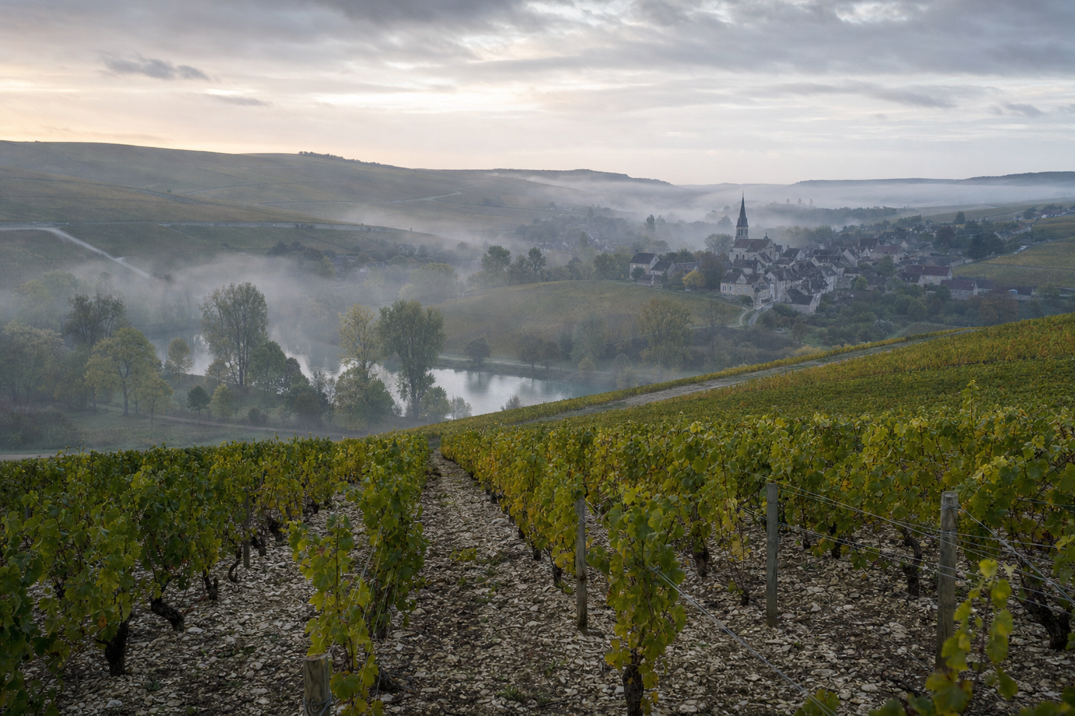 Misty limestone hillside vineyard above the Serein valley near the village of Chablis
