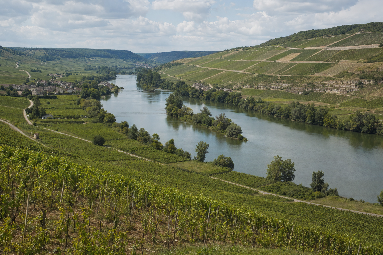 Vineyard parcels climbing both banks of the Serein river valley in the Chablis Premier Cru zone