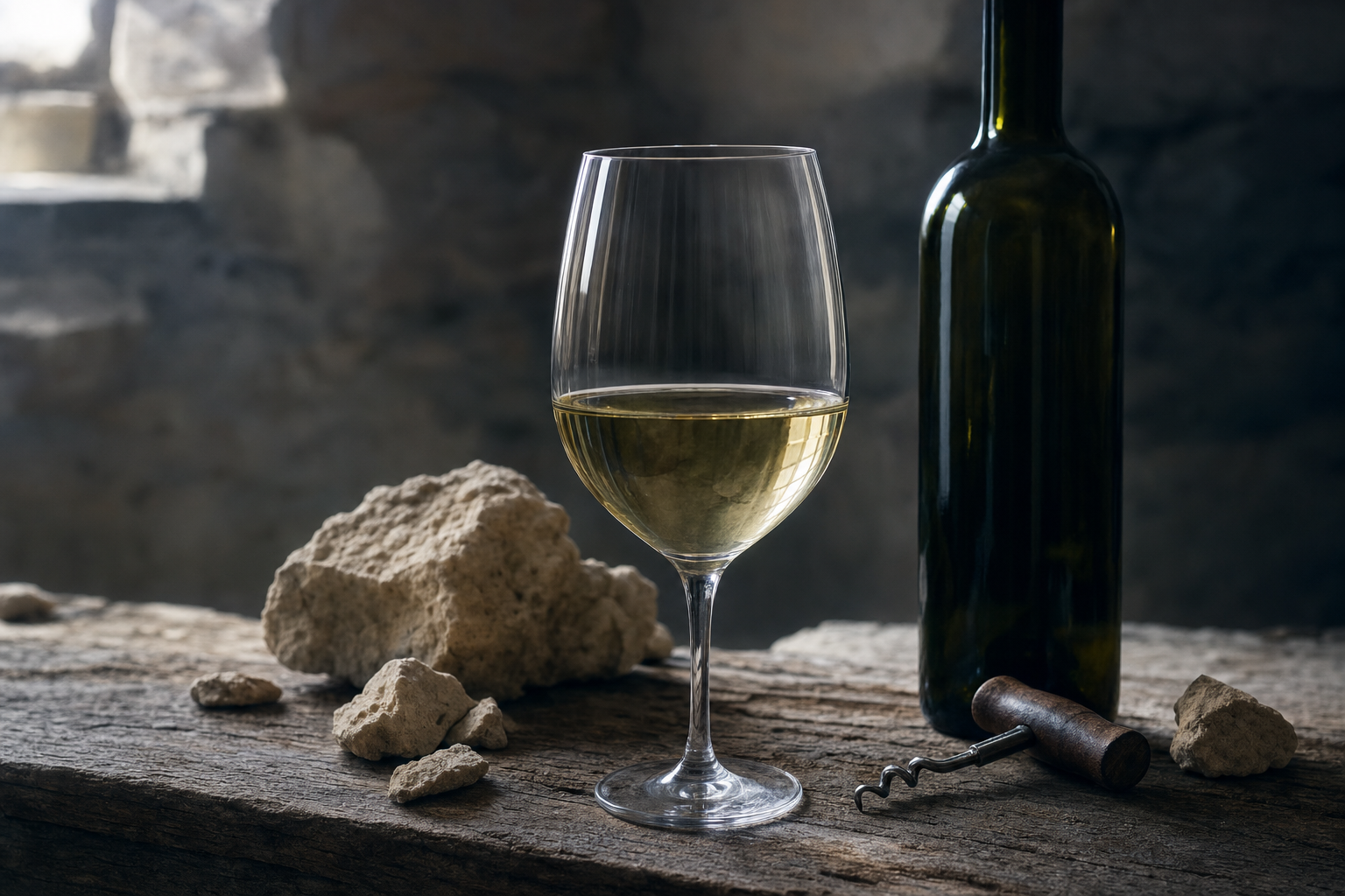 A glass of pale Chablis alongside limestone fragments in a stone cellar