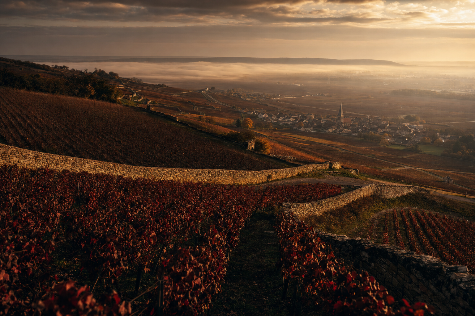 Vineyard rows at dusk in the Côte de Nuits, Burgundy